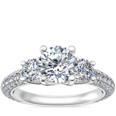 新款 14k 白金三石三重微密釘鑽石訂婚戒指 （1 克拉總重量）